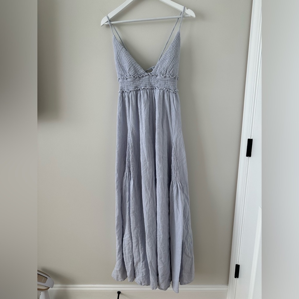 Free People Heat Haze Maxi Dress Triangle Top Smocked Long Cotton Linen Blue L - Picture 4 of 17